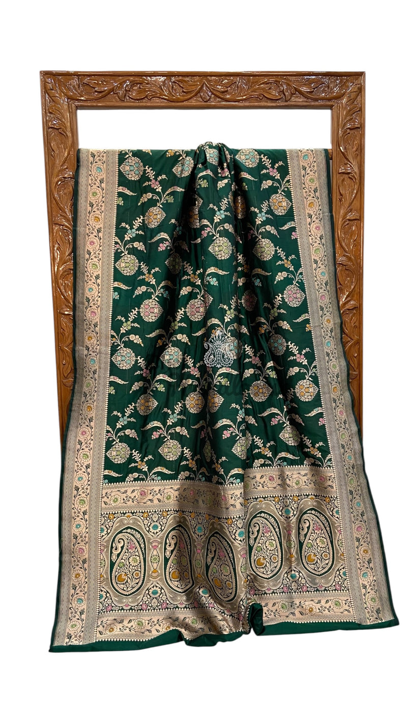 Bottle Green Pure Katan Silk Banarasi Handloom Saree - All Over Jaal Work - With Meenakari