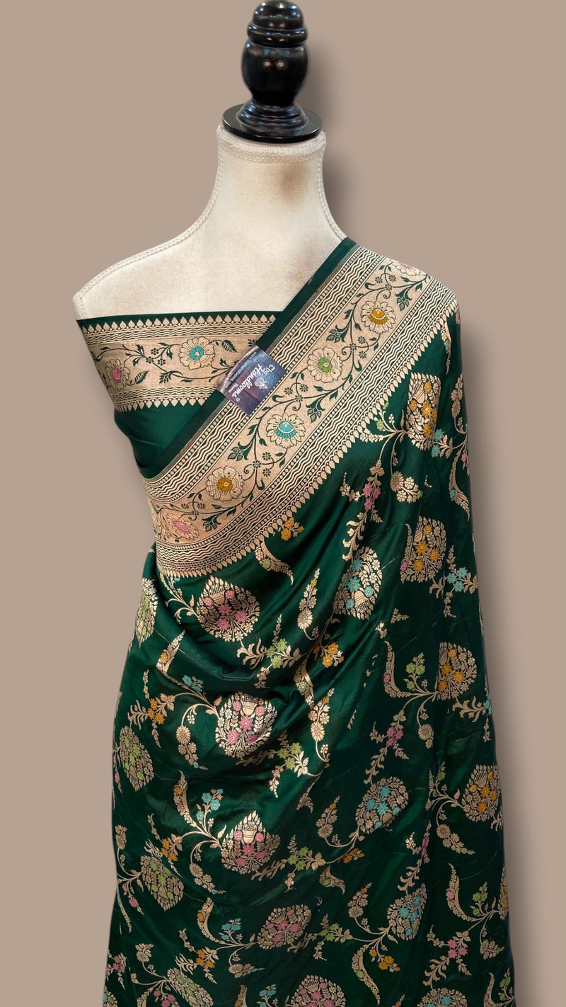 Bottle Green Pure Katan Silk Banarasi Handloom Saree - All Over Jaal Work - With Meenakari