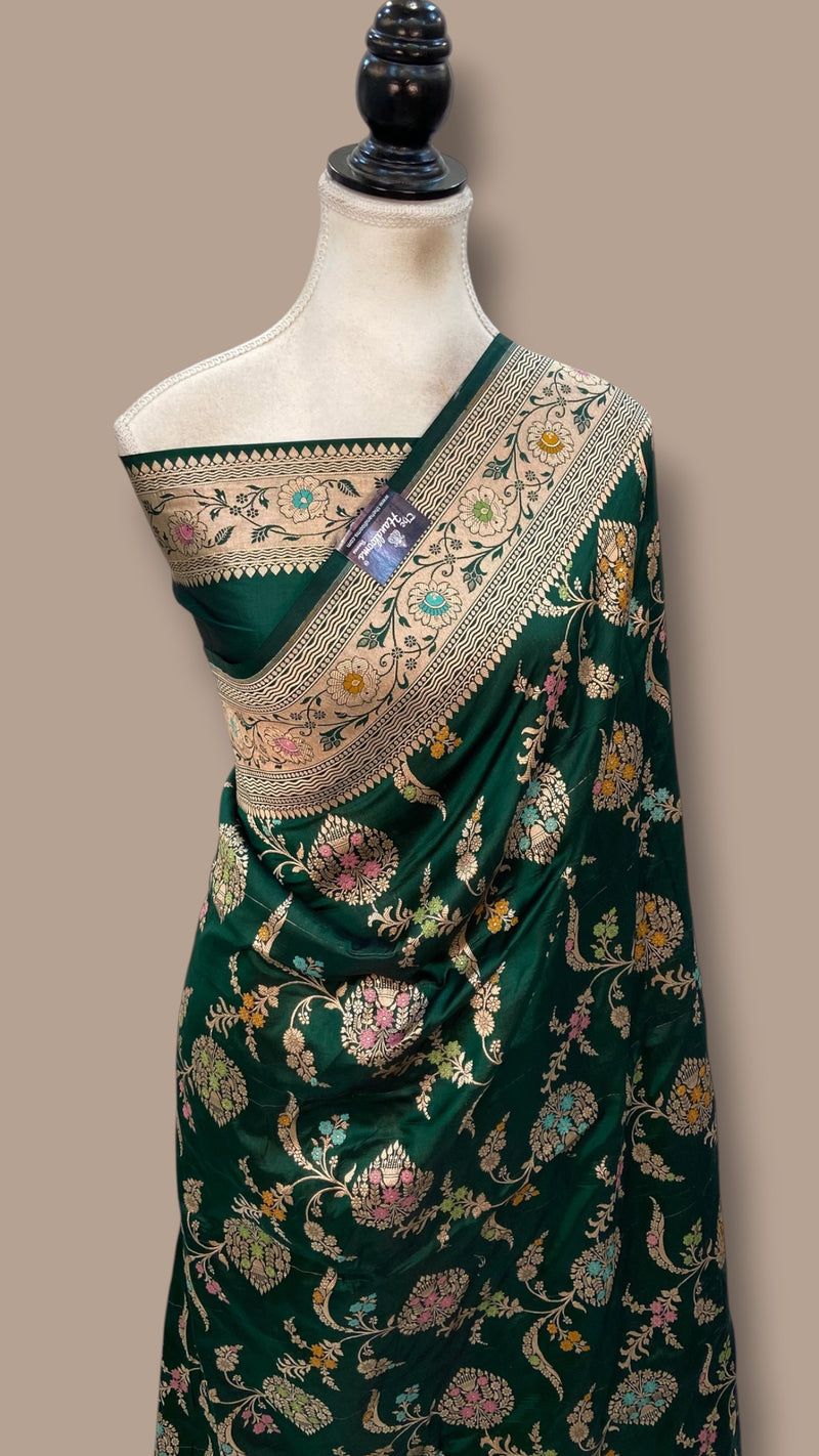 Bottle Green Pure Katan Silk Banarasi Handloom Saree - All Over Jaal Work - With Meenakari