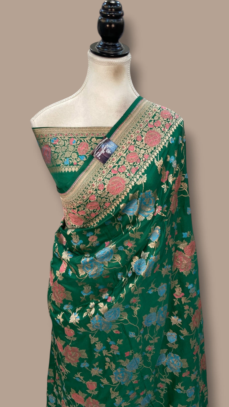 Emerald Green Pure Katan Silk Banarasi Handloom Saree - All Over Jaal Work - With Meenakari