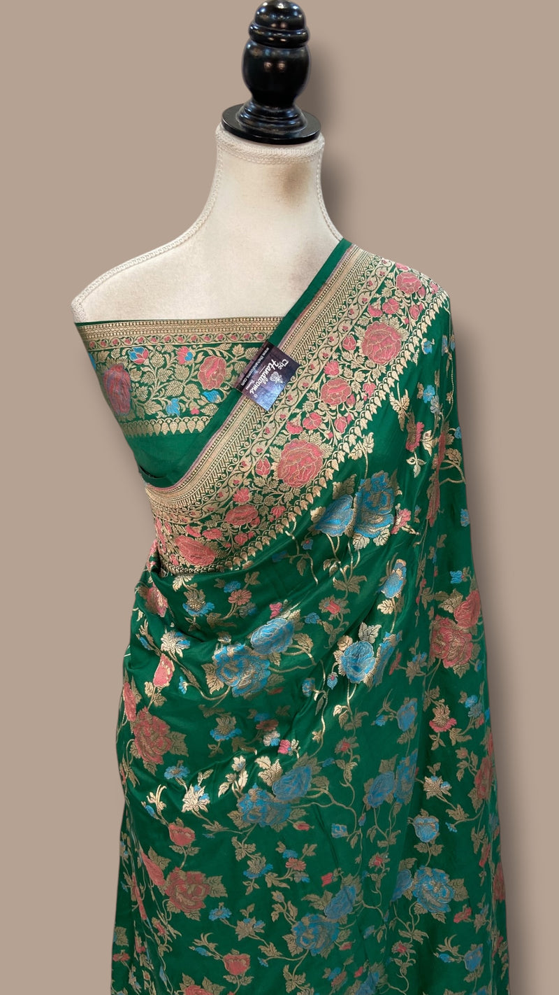 Emerald Green Pure Katan Silk Banarasi Handloom Saree - All Over Jaal Work - With Meenakari
