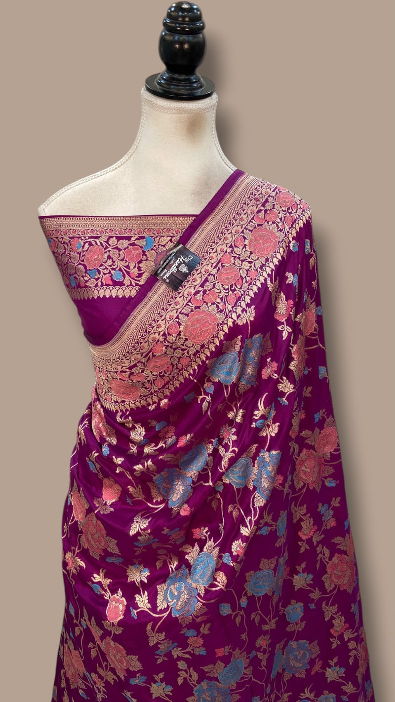 Purple Pure Katan Silk Banarasi Handloom Saree - All Over Jaal Work - With Meenakari