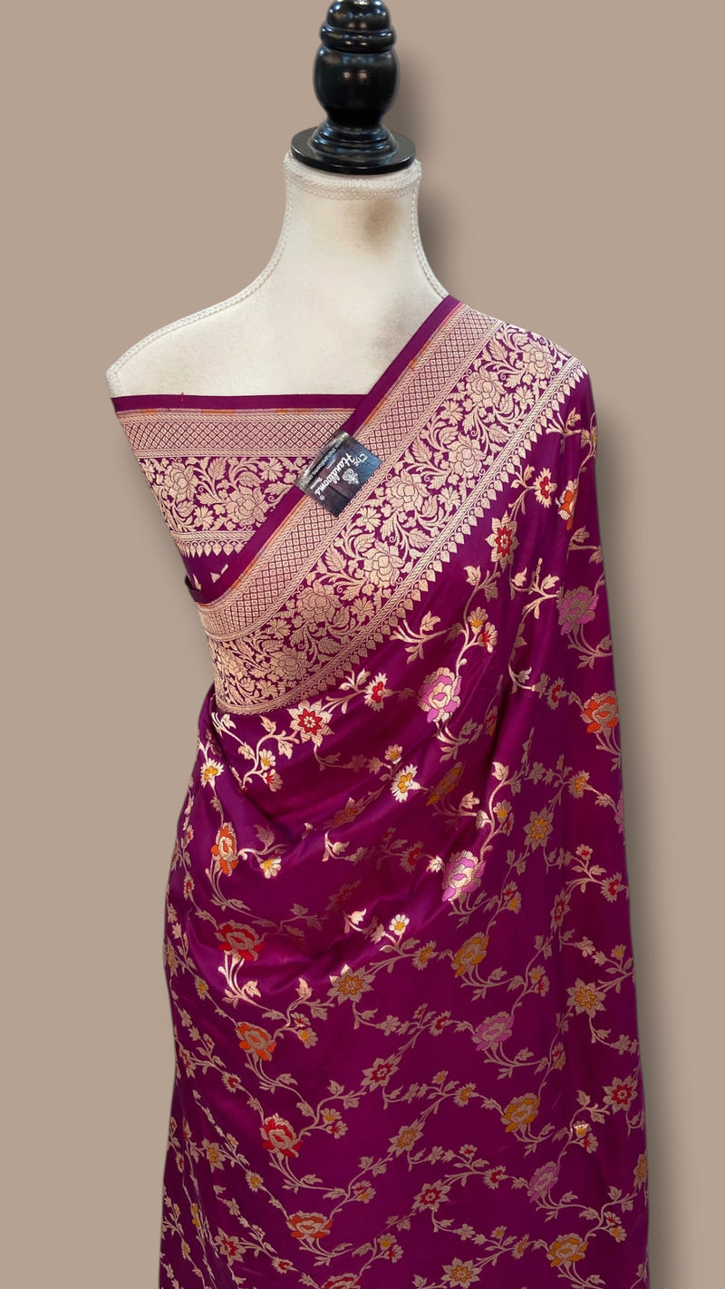 Purple Pure Katan Silk Banarasi Handloom Saree - All Over Jaal Work - With Meenakari