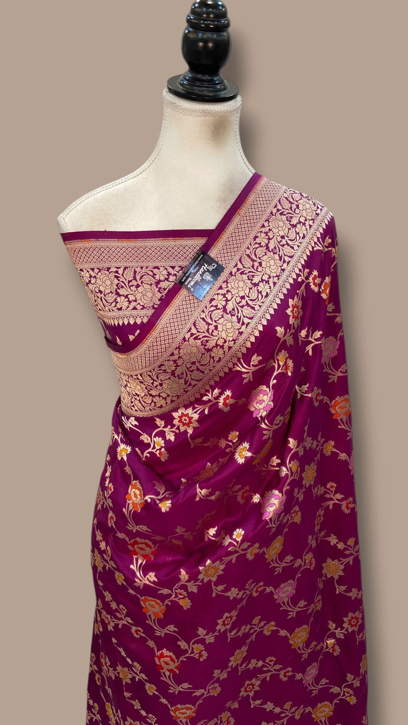 Purple Pure Katan Silk Banarasi Handloom Saree - All Over Jaal Work - With Meenakari