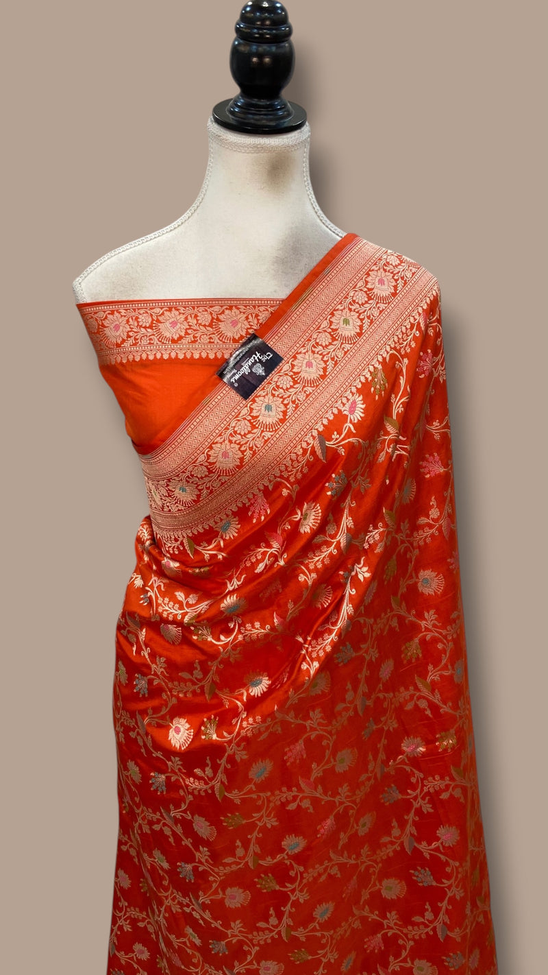 Orange Pure Katan Silk Banarasi Handloom Saree - All Over Jaal Work - With Meenakari