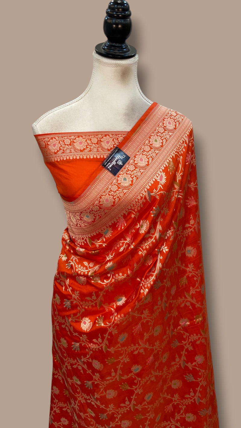 Orange Pure Katan Silk Banarasi Handloom Saree - All Over Jaal Work - With Meenakari