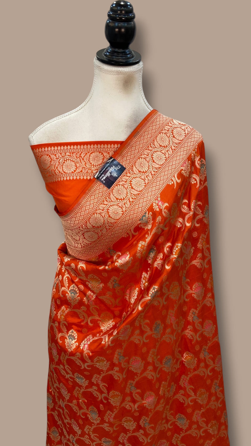 Orange Pure Katan Silk Banarasi Handloom Saree - All Over Jaal Work - With Meenakari