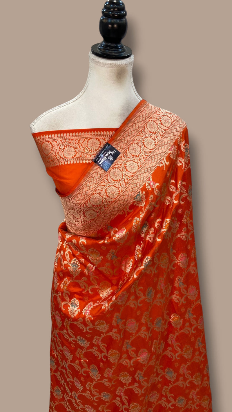 Orange Pure Katan Silk Banarasi Handloom Saree - All Over Jaal Work - With Meenakari