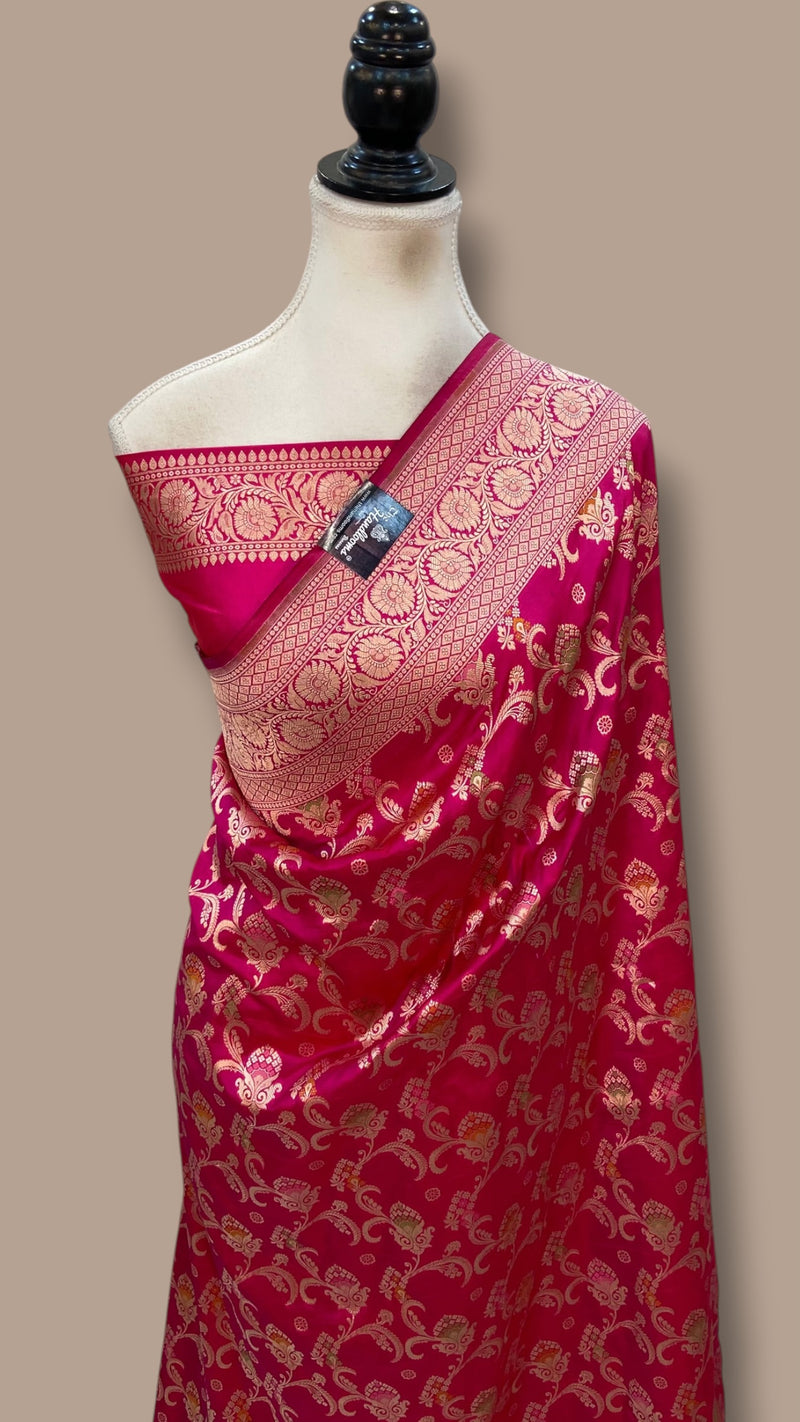 Hot Pink Pure Katan Silk Banarasi Handloom Saree - All Over Jaal Work - With Meenakari
