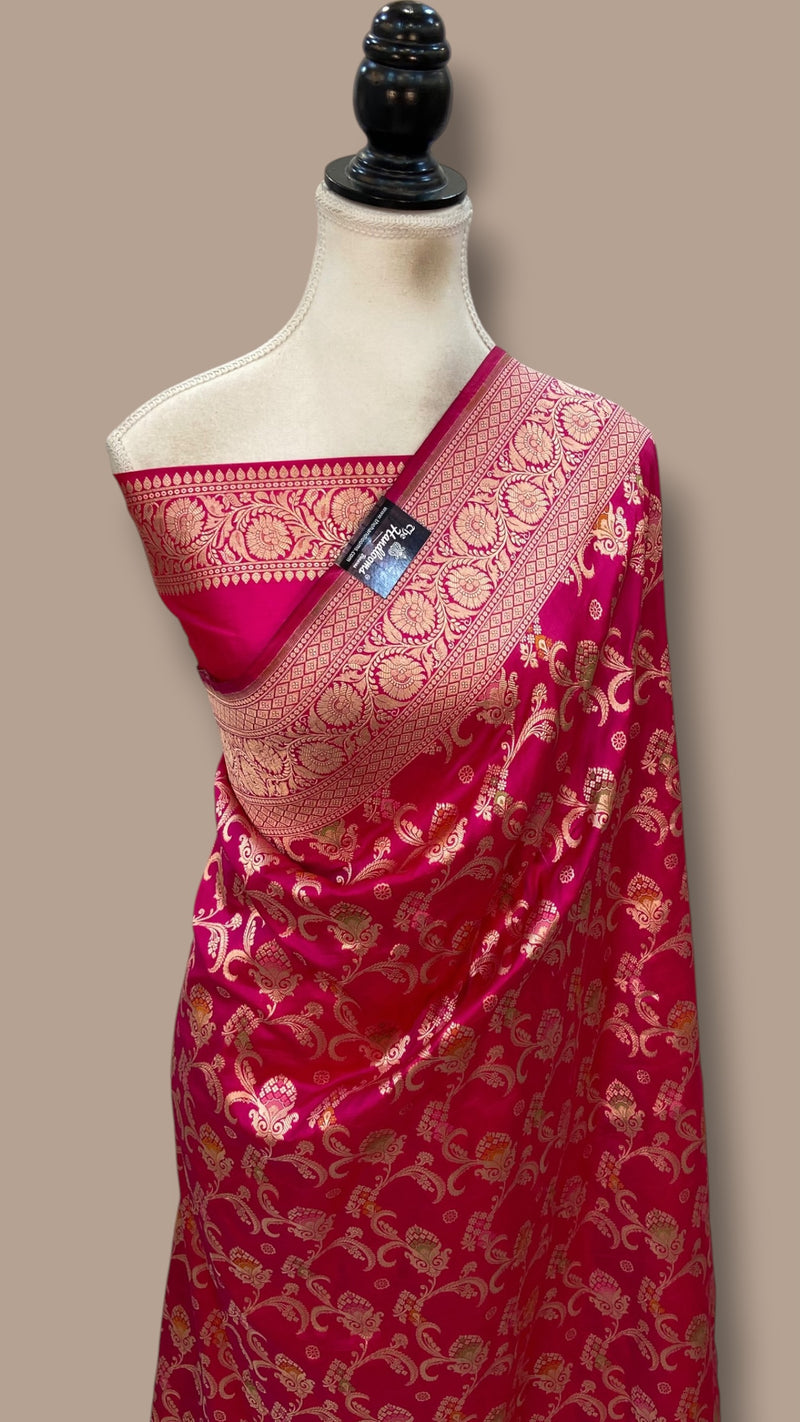 Hot Pink Pure Katan Silk Banarasi Handloom Saree - All Over Jaal Work - With Meenakari