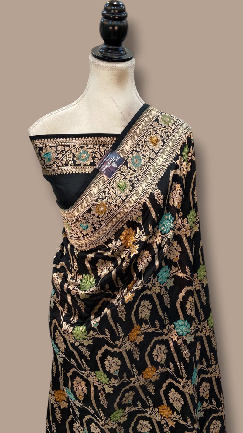 Black Pure Katan Silk Banarasi Handloom Saree - All Over Jaal Work - With Meenakari