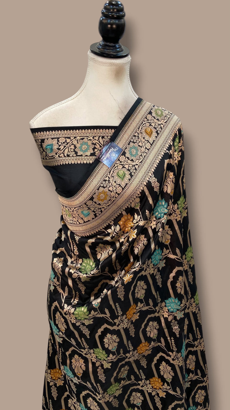 Black Pure Katan Silk Banarasi Handloom Saree - All Over Jaal Work - With Meenakari