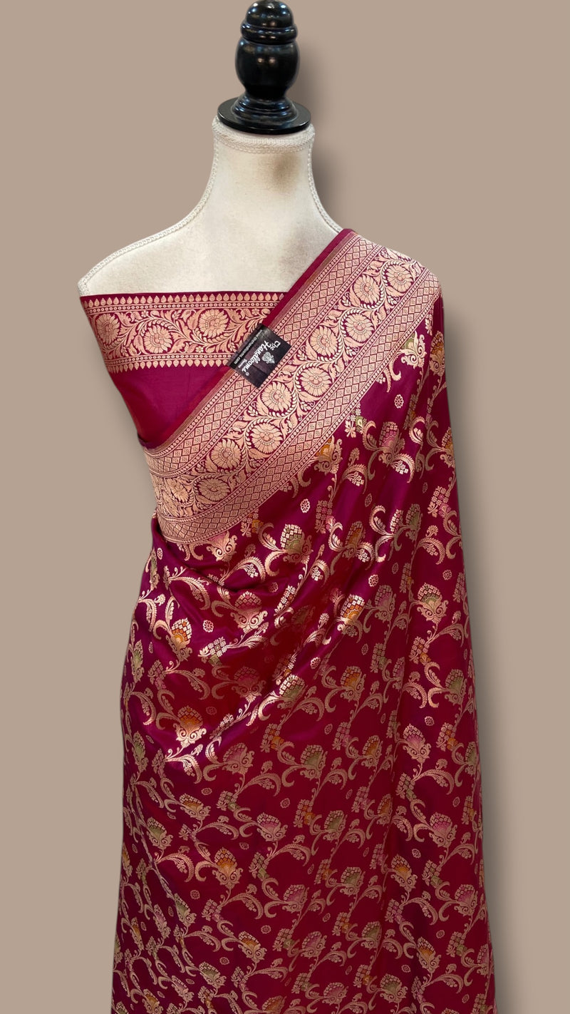 Magenta Pure Katan Silk Banarasi Handloom Saree - All Over Jaal Work - With Meenakari