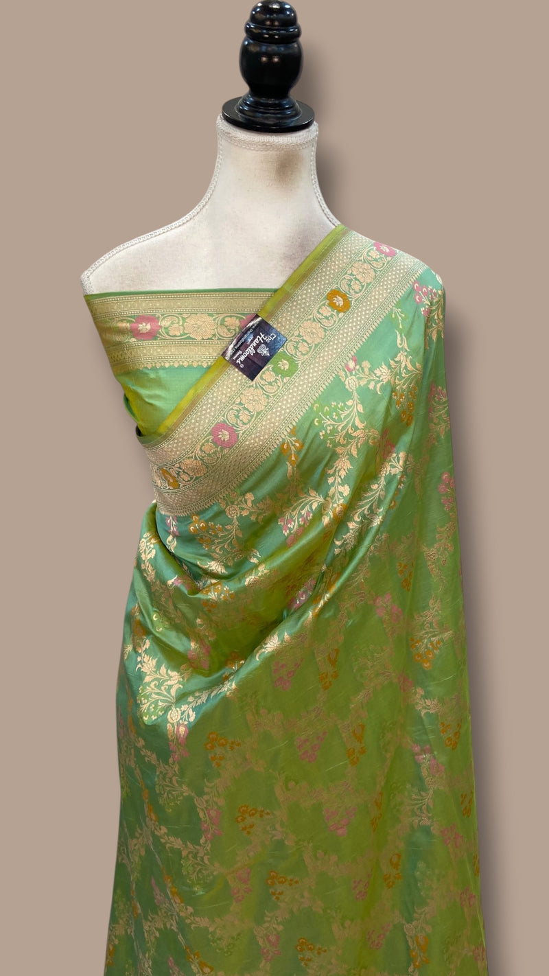 Sage Green Pure Katan Silk Banarasi Handloom Saree - All Over Jaal Work - With Meenakari