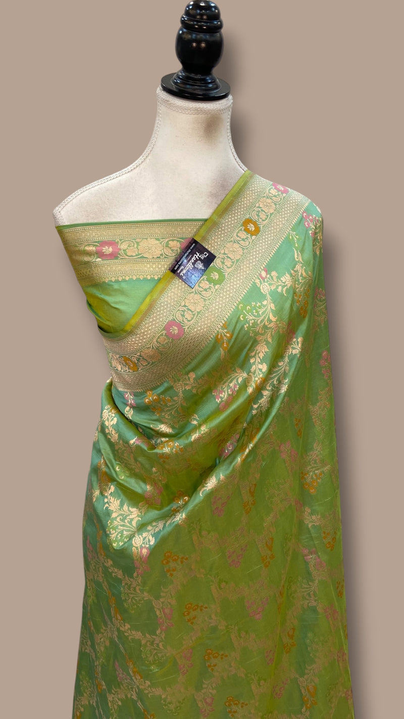 Sage Green Pure Katan Silk Banarasi Handloom Saree - All Over Jaal Work - With Meenakari