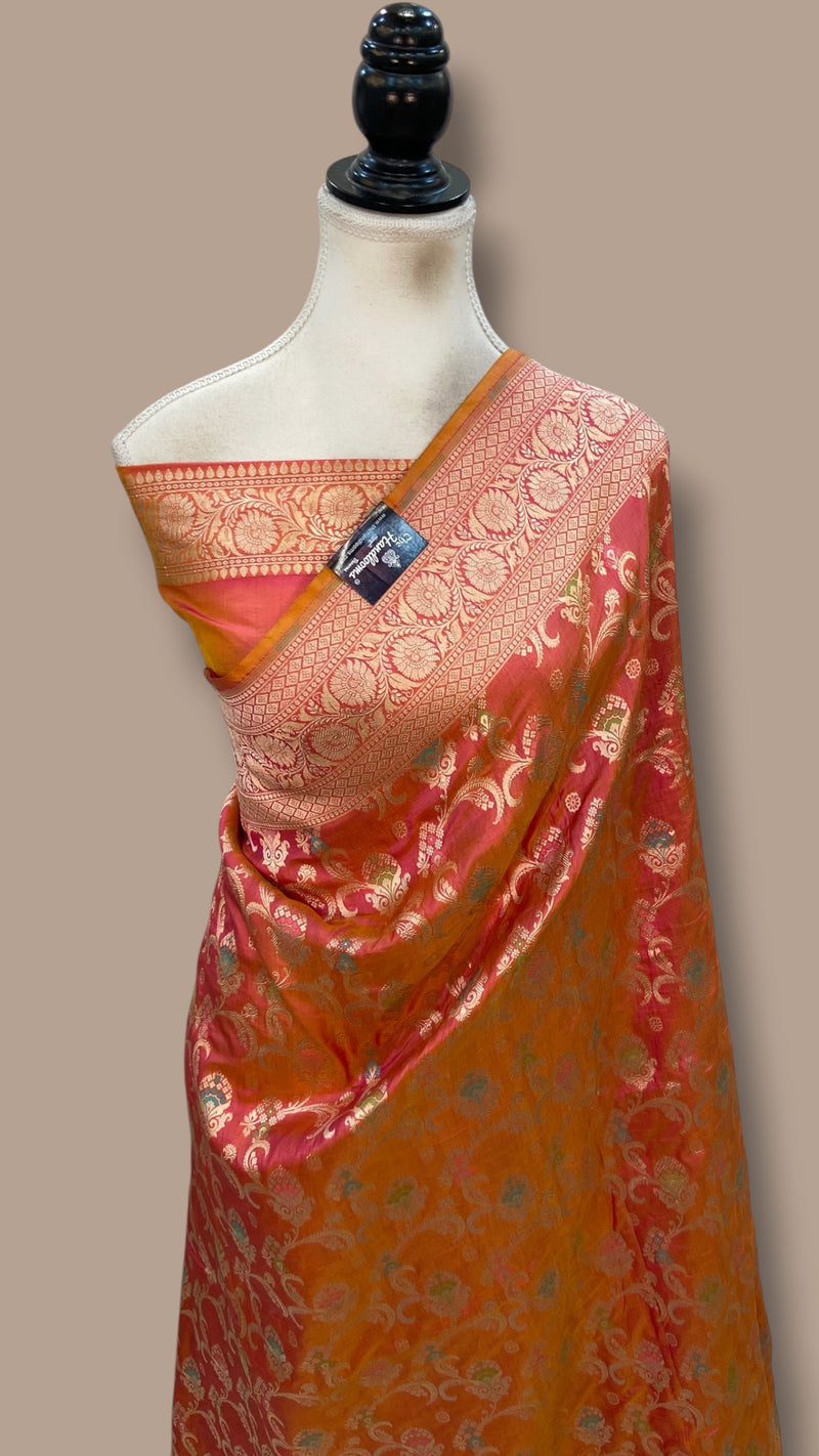 Coral Orange Pure Katan Silk Banarasi Handloom Saree - All Over Jaal Work - With Meenakari