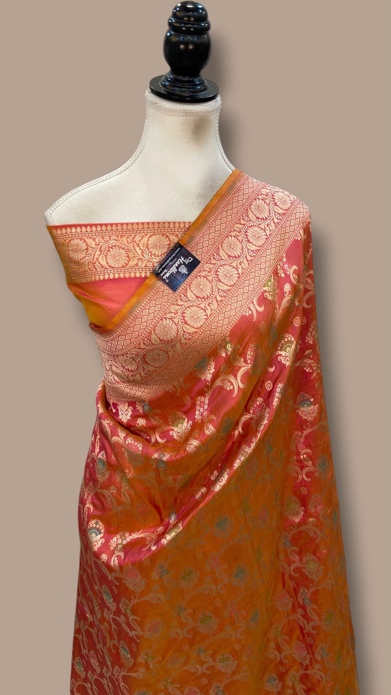 Coral Orange Pure Katan Silk Banarasi Handloom Saree - All Over Jaal Work - With Meenakari