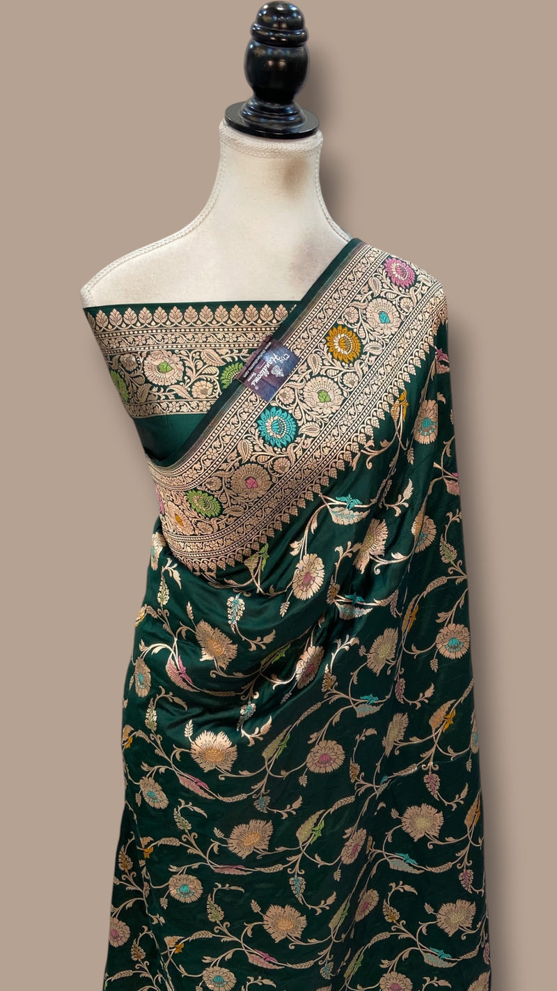Bottle Green Pure Katan Silk Banarasi Handloom Saree - All Over Jaal Work - With Meenakari
