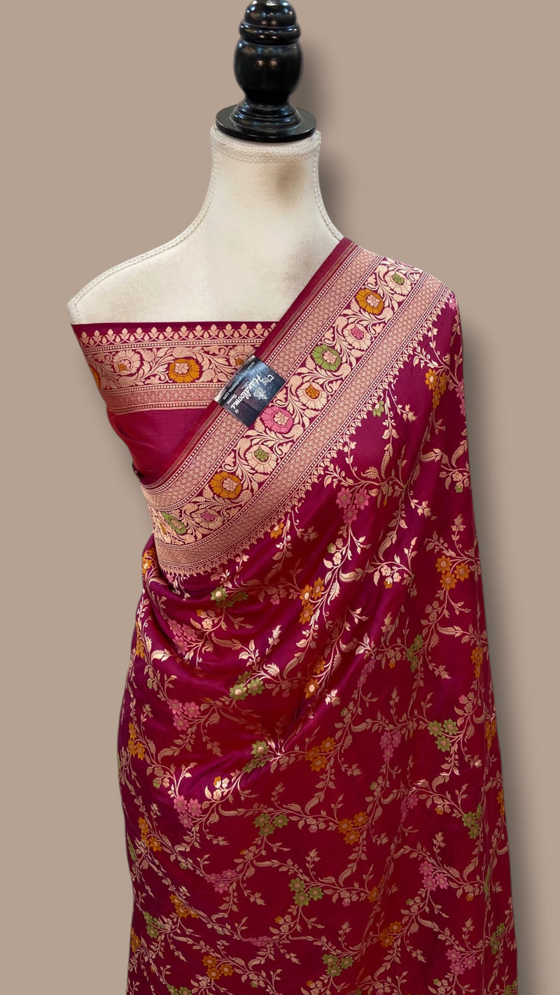 Magenta Pure Katan Silk Banarasi Handloom Saree - All Over Jaal Work - With Meenakari