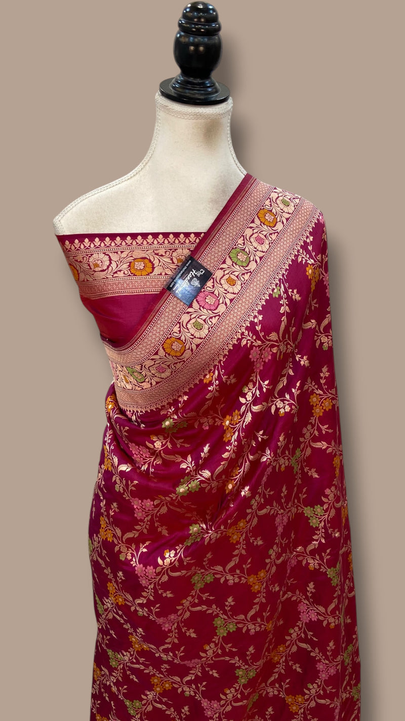 Magenta Pure Katan Silk Banarasi Handloom Saree - All Over Jaal Work - With Meenakari