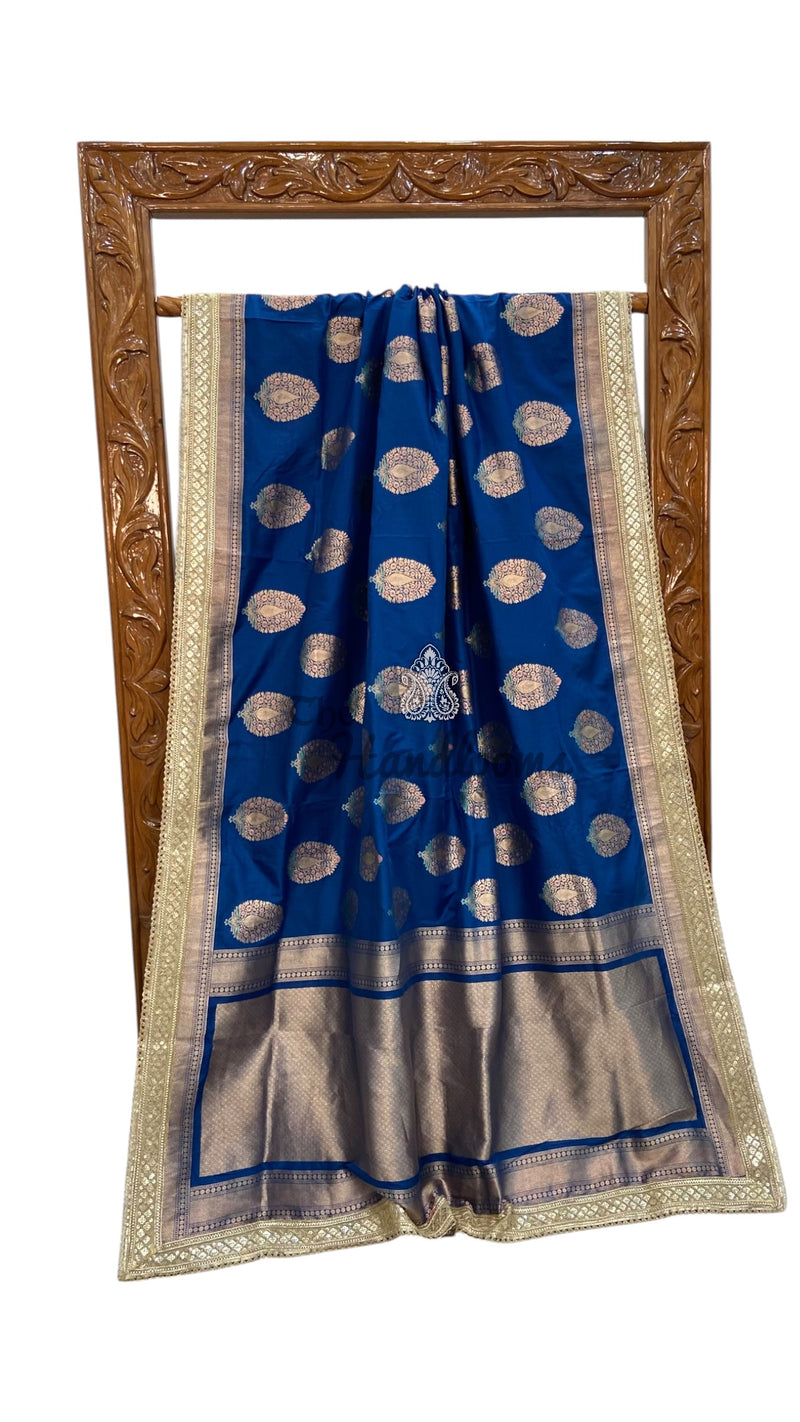 German Blue Pure Katan Silk Banarasi Handloom Saree - Lace Work