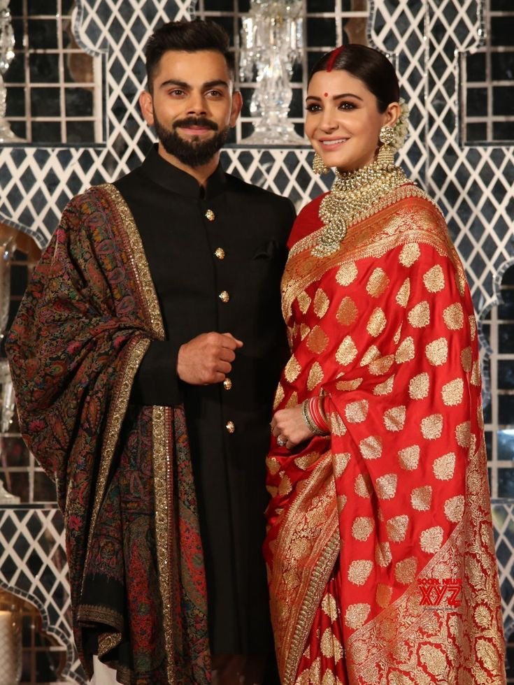 Anushka Sharma in Red Pure Katan Silk Banarasi Handloom Saree - All Over Motifs - The Handlooms