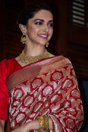 Deepika Padukone in Red Pure Katan Silk Banarasi Handloom Saree - All Over Jaal Work - The Handlooms