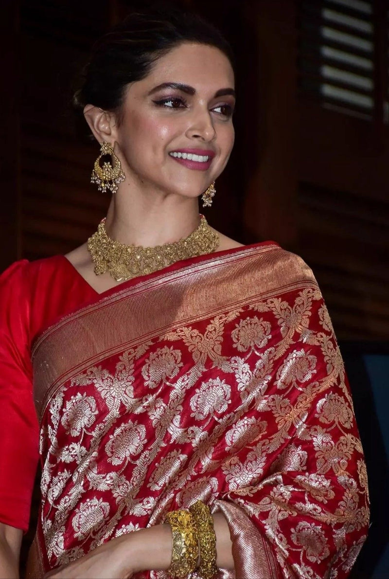 Deepika Padukone in Red Pure Katan Silk Banarasi Handloom Saree - All Over Jaal Work - The Handlooms