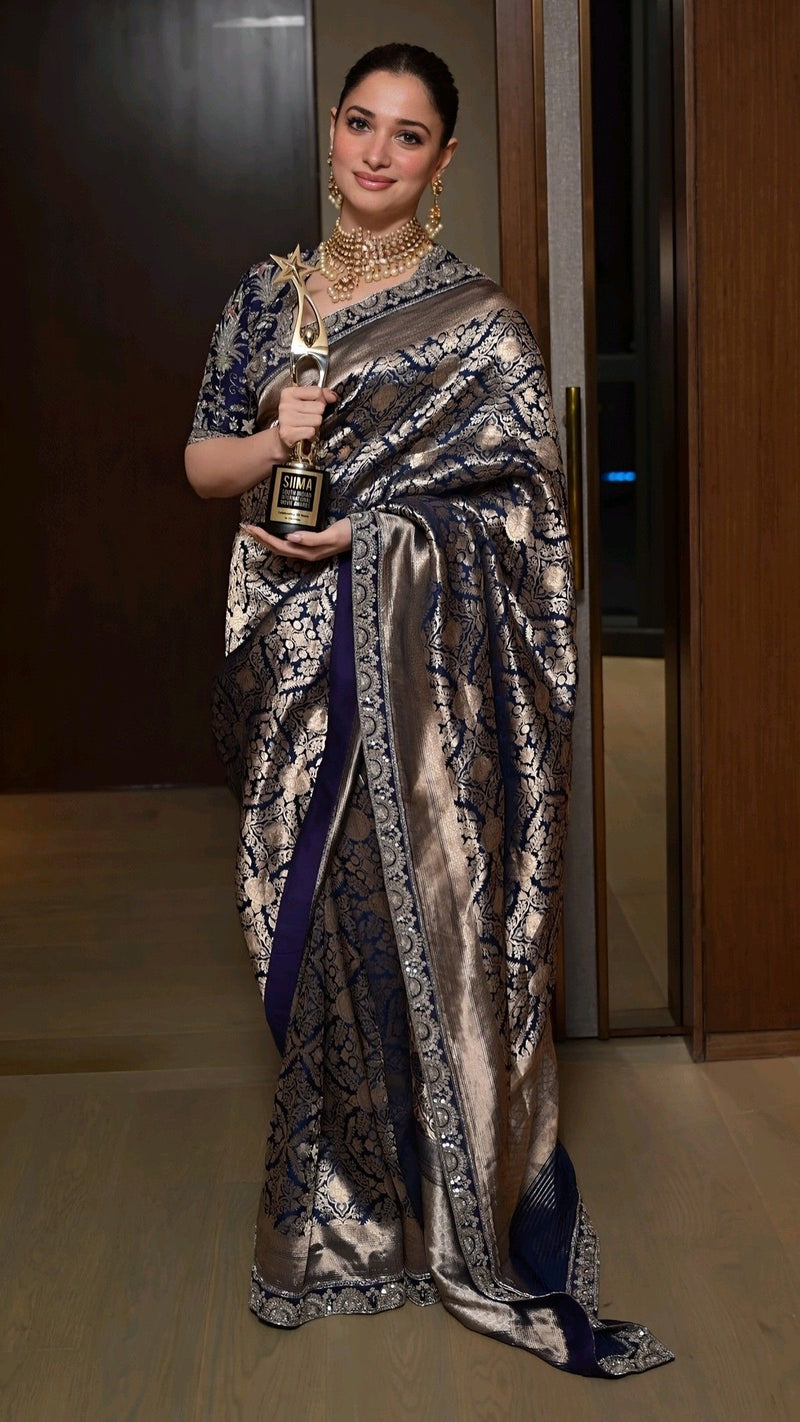 Tamannaah Bhatia Navy Blue Pure Katan Silk Banarasi Handloom Saree - Tanchui Brocade - The Handlooms