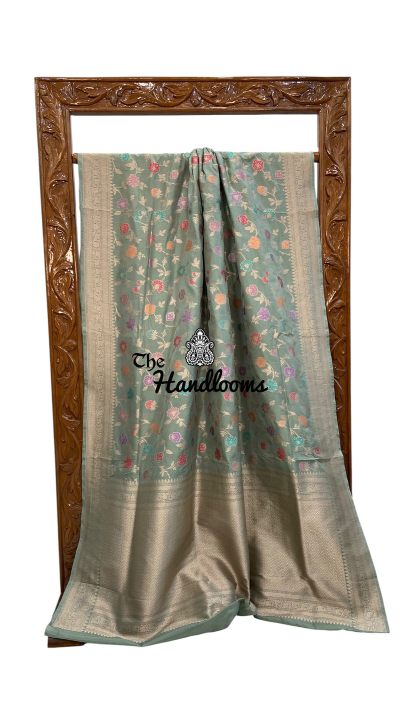 Light Sage Green Pure Katan Silk Banarasi Handloom Saree - All Over Jaal Work - With Meenakari