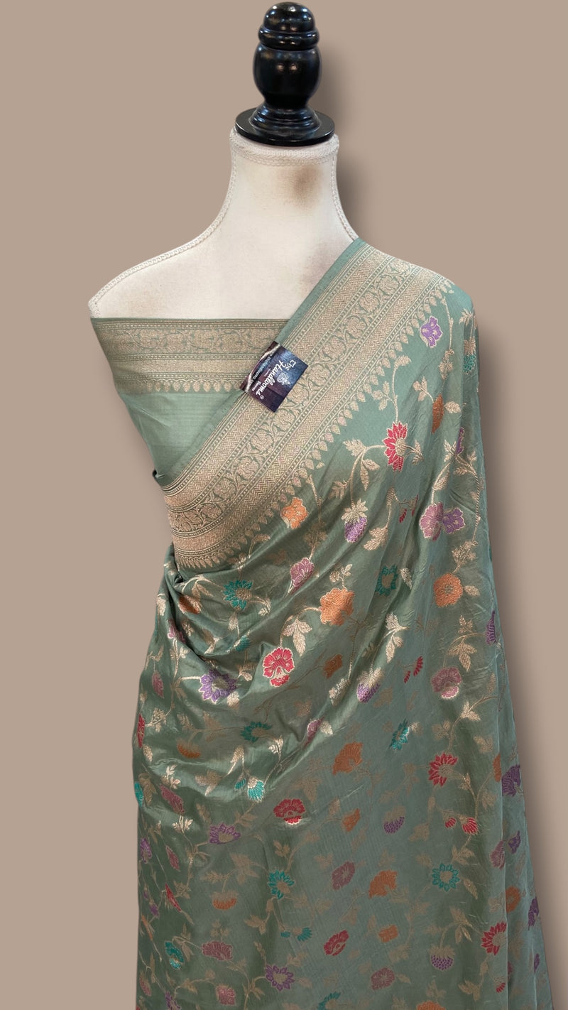 Light Sage Green Pure Katan Silk Banarasi Handloom Saree - All Over Jaal Work - With Meenakari