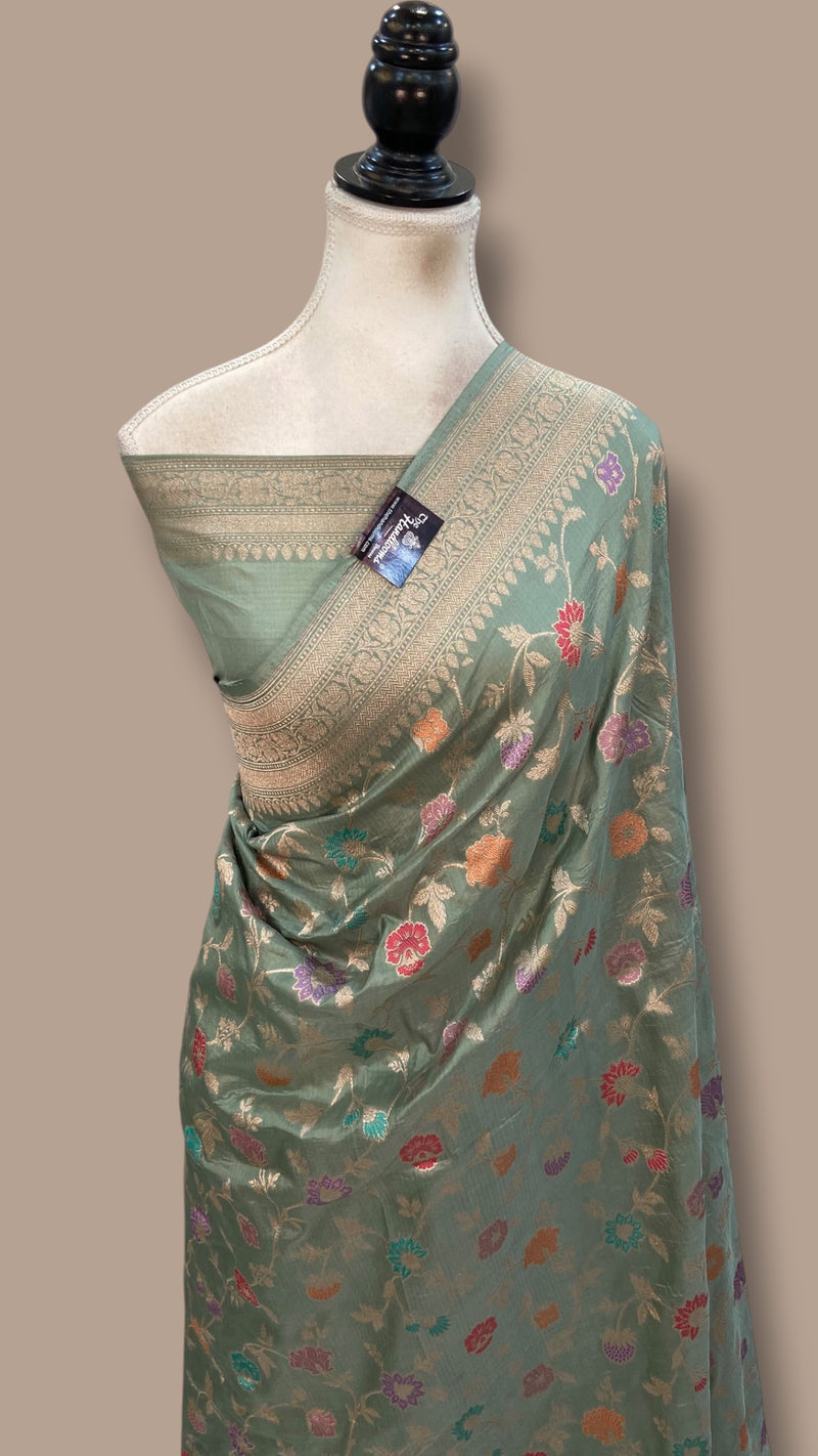 Light Sage Green Pure Katan Silk Banarasi Handloom Saree - All Over Jaal Work - With Meenakari