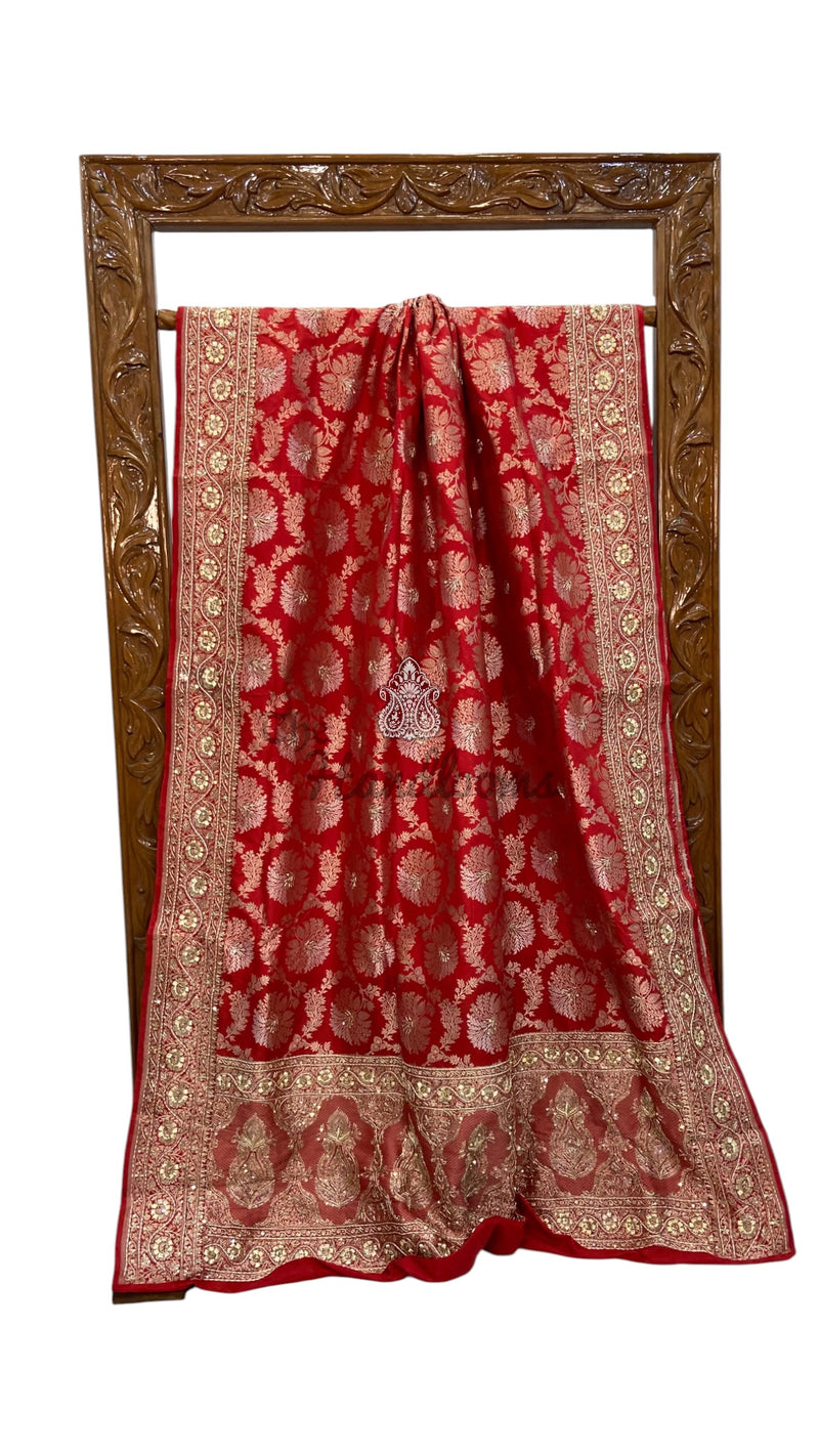 Pure Katan Silk Banarasi Handloom Saree with Zardozi Gota Patti Handwork