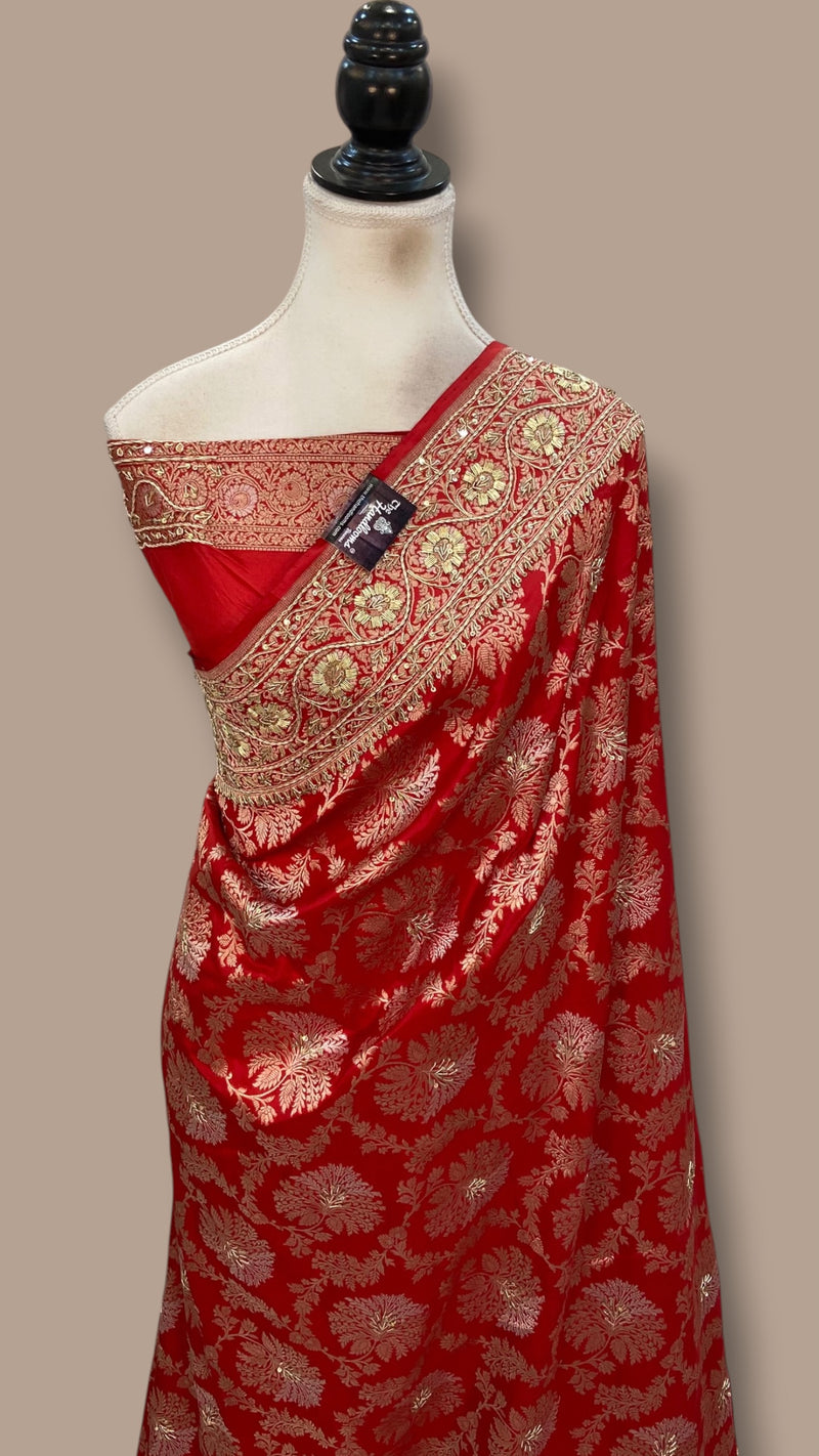 Pure Katan Silk Banarasi Handloom Saree with Zardozi Gota Patti Handwork