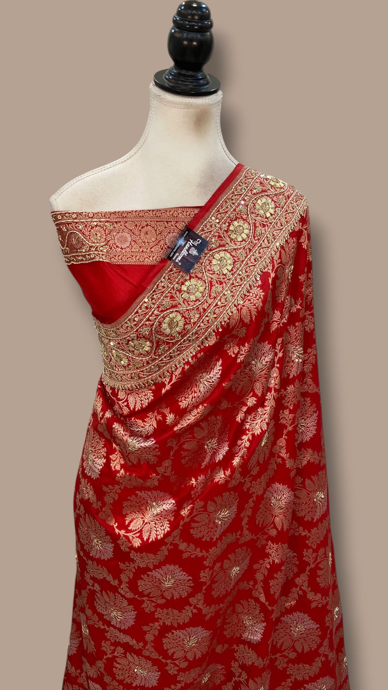 Pure Katan Silk Banarasi Handloom Saree with Zardozi Gota Patti Handwork
