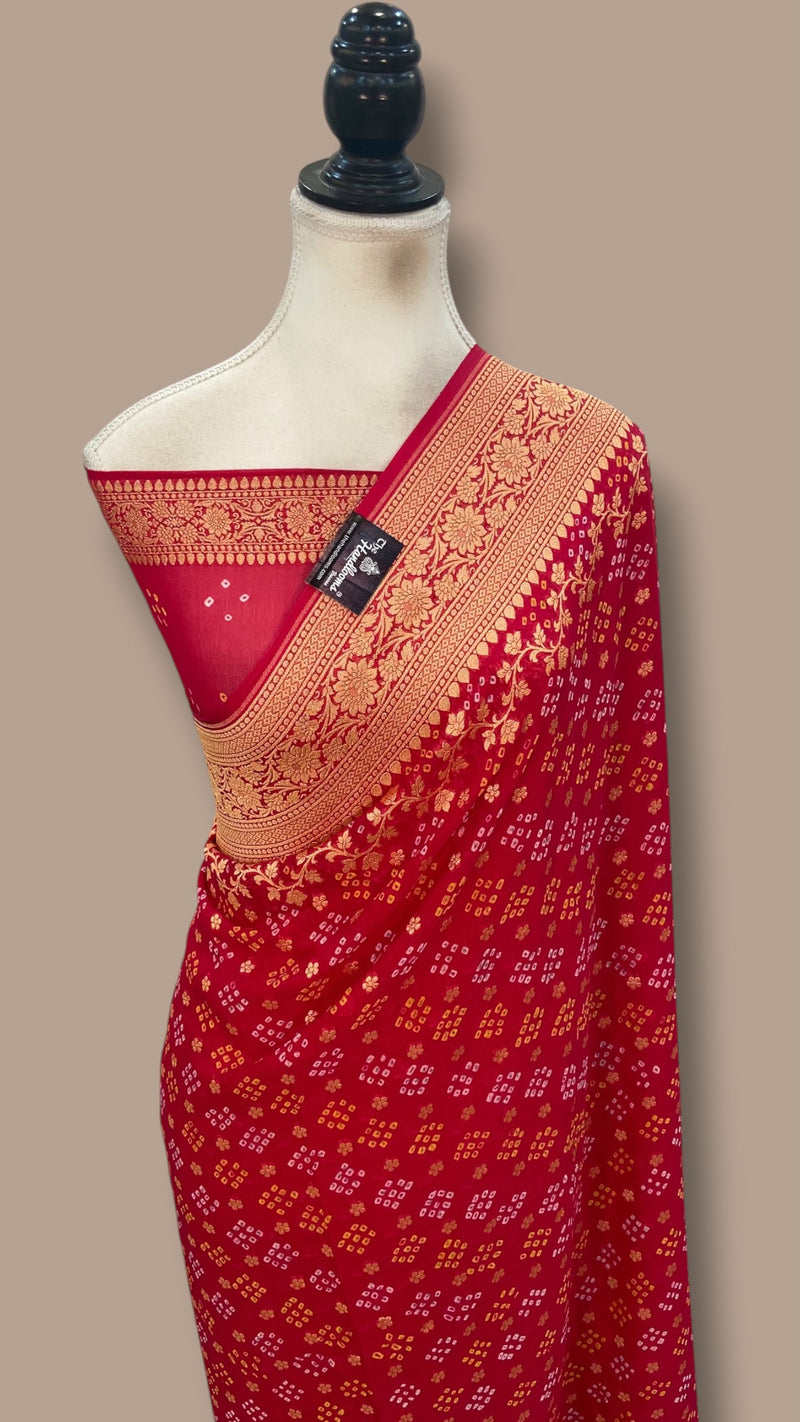 Hot Pink Pure Georgette Banarasi Bandhej Handloom Saree