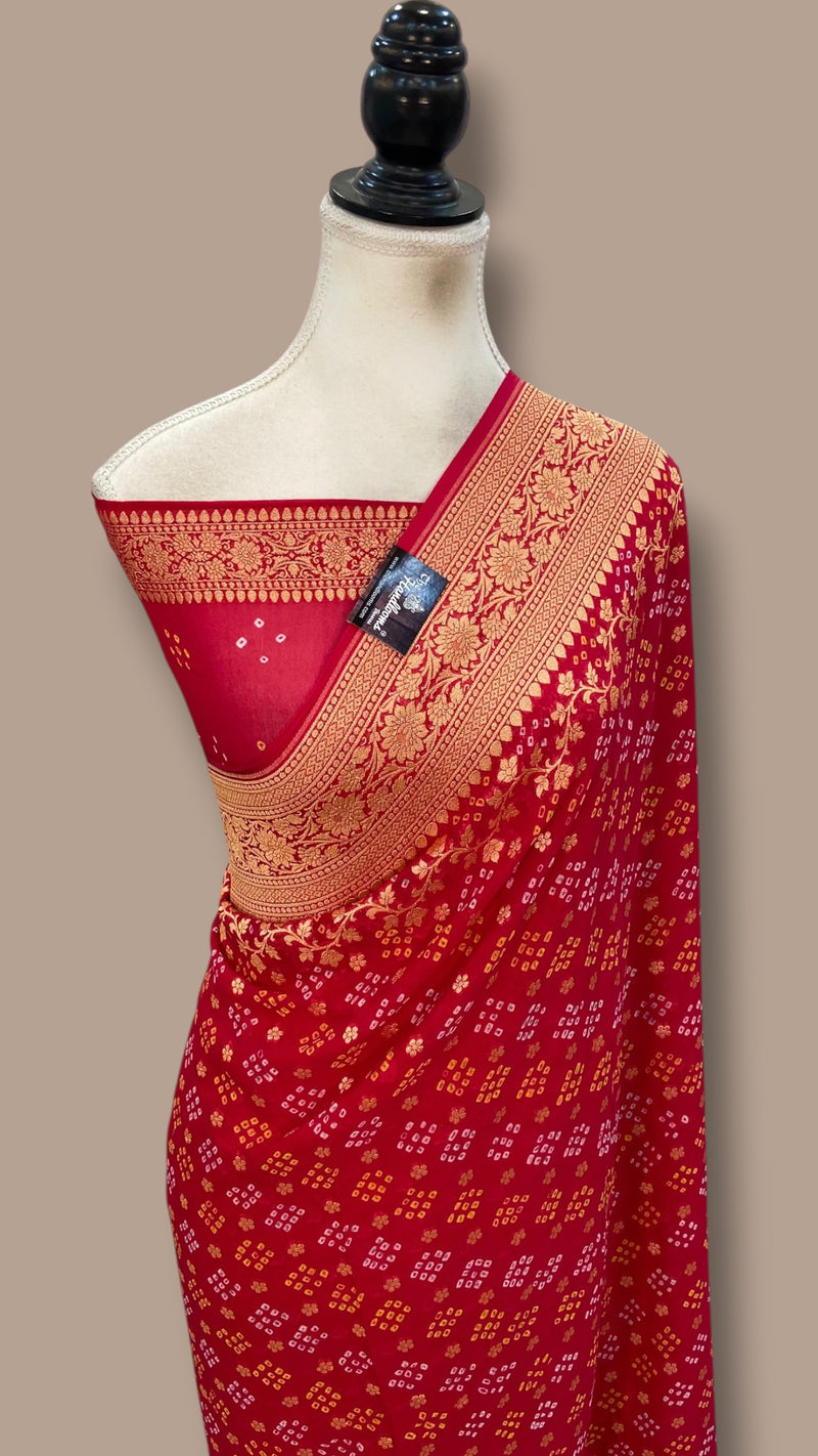 Hot Pink Pure Georgette Banarasi Bandhej Handloom Saree