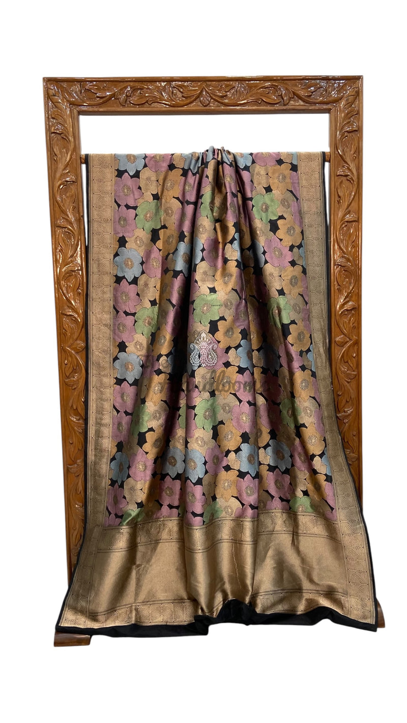 Nita Ambani in Pure Katan Silk Banarasi Handloom Saree - All over Floral Motifs With Meenakari
