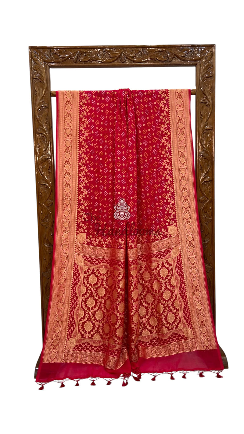 Hot Pink Pure Georgette Banarasi Bandhej Handloom Saree