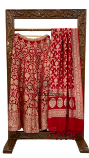 Red Pure Khaddi Georgette Handloom Banarasi Lehenga - Stitched - The Handlooms