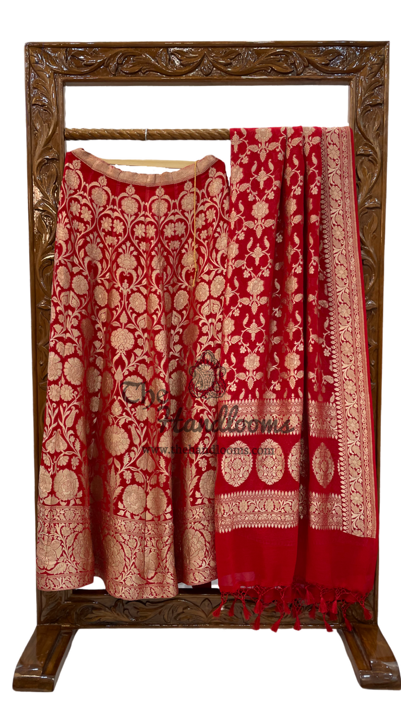 Red Pure Khaddi Georgette Handloom Banarasi Lehenga - Stitched - The Handlooms