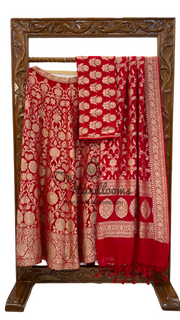 Red Pure Khaddi Georgette Handloom Banarasi Lehenga - Stitched - The Handlooms