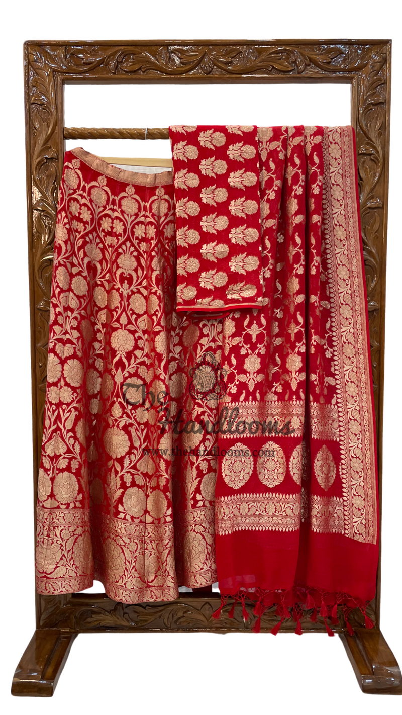 Red Pure Khaddi Georgette Handloom Banarasi Lehenga - Stitched - The Handlooms