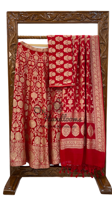 Red Pure Khaddi Georgette Handloom Banarasi Lehenga - Stitched