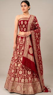 Maroon Pure Khaddi Georgette Handloom Banarasi Lehenga Set - The Handlooms