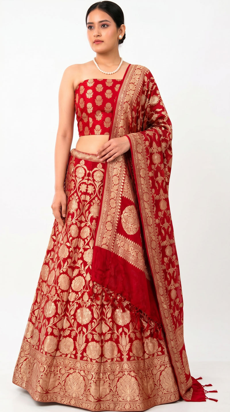 Red Pure Khaddi Georgette Handloom Banarasi Lehenga - Stitched - The Handlooms