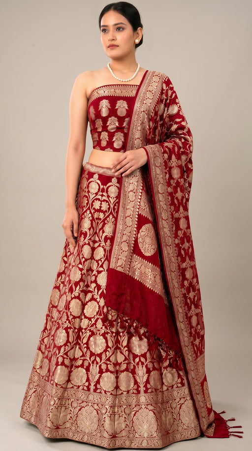 Maroon Pure Khaddi Georgette Handloom Banarasi Lehenga Set - The Handlooms