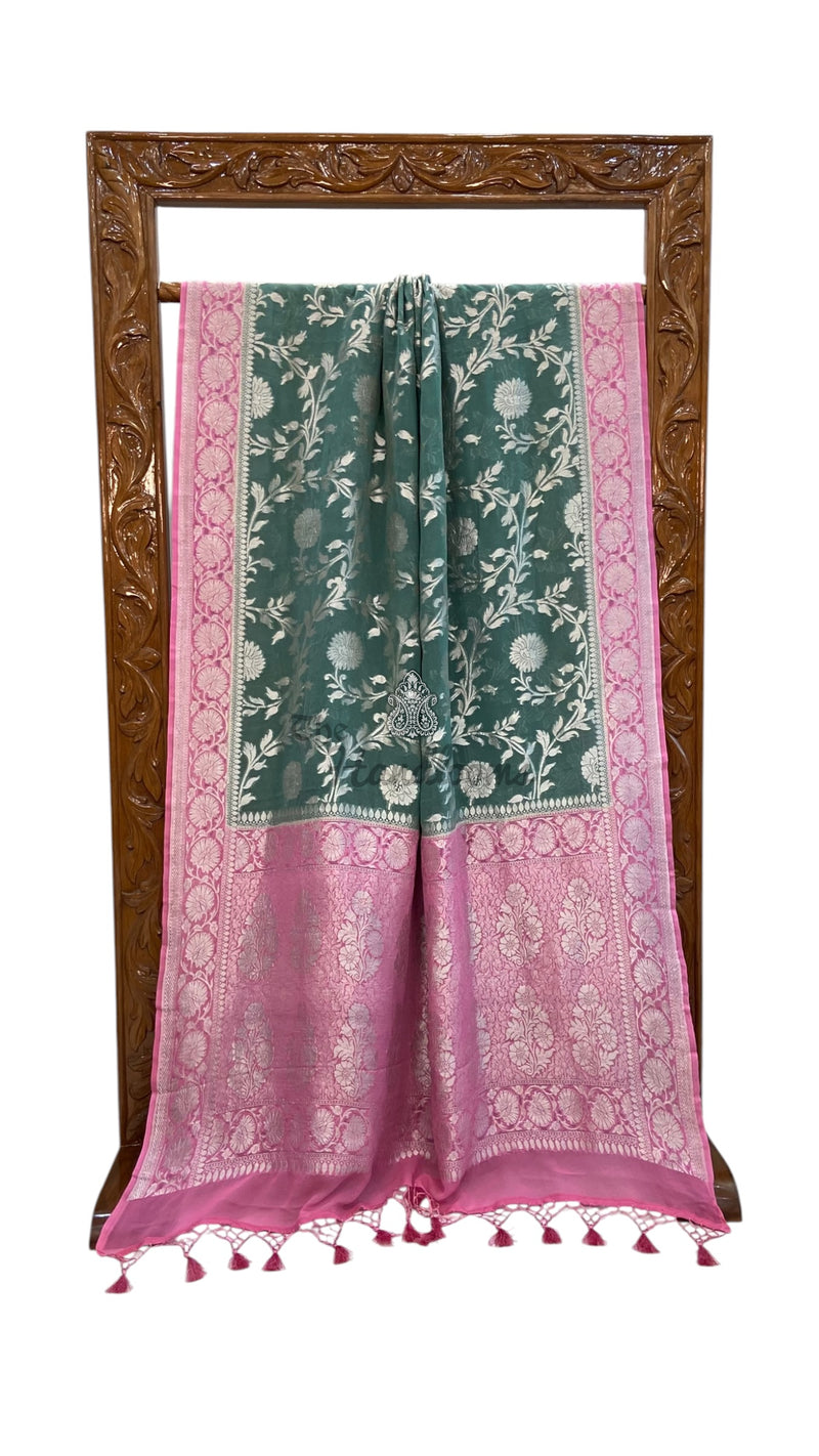 Cement Green with Pink Khaddi Georgette Banarasi Saree