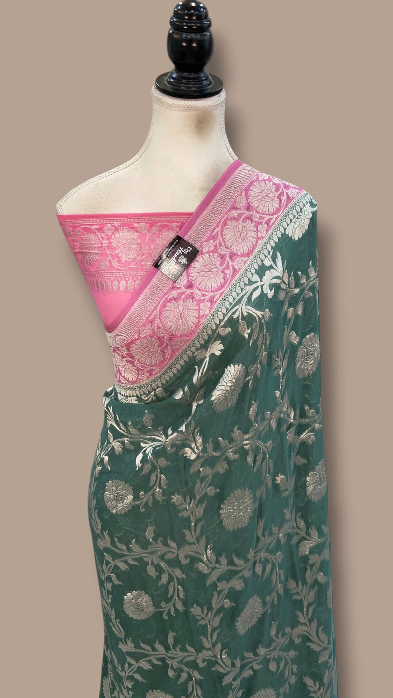 Cement Green with Pink Khaddi Georgette Banarasi Saree