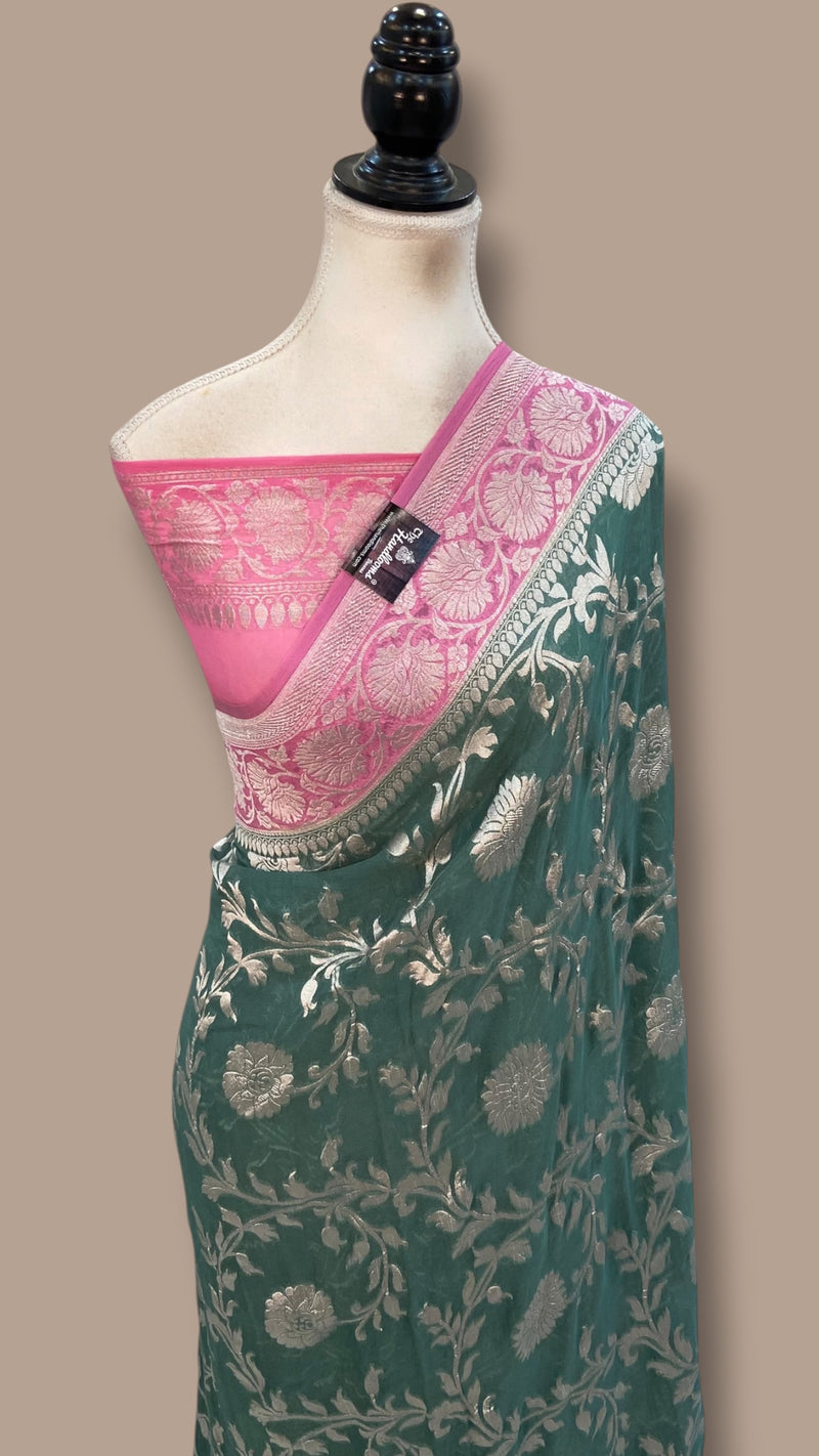 Cement Green with Pink Khaddi Georgette Banarasi Saree